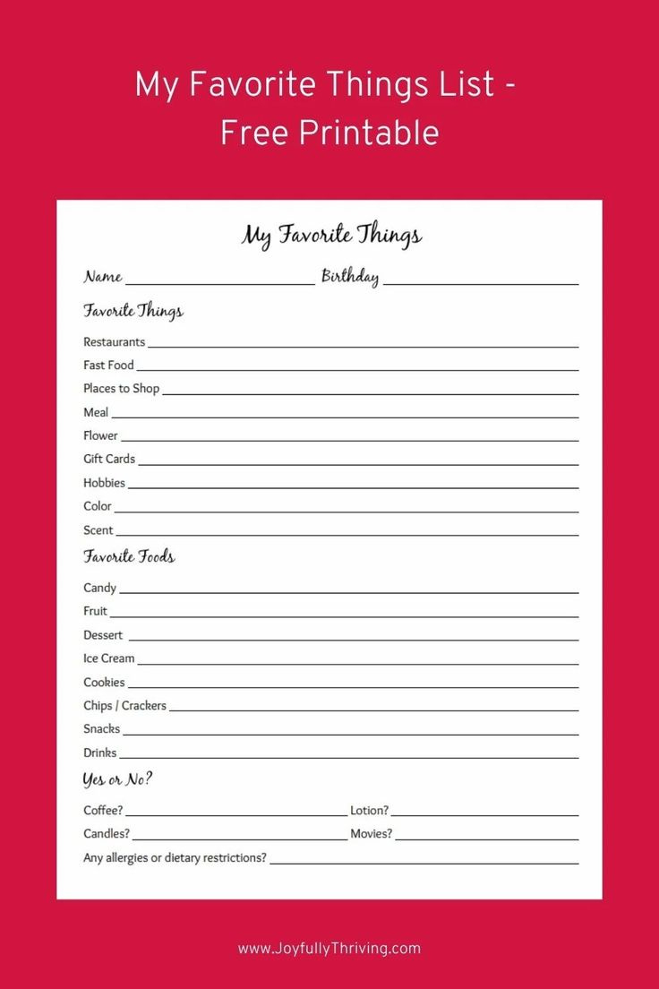 My Favorite Things Free Printable pertaining to Free Favorite Things Printable