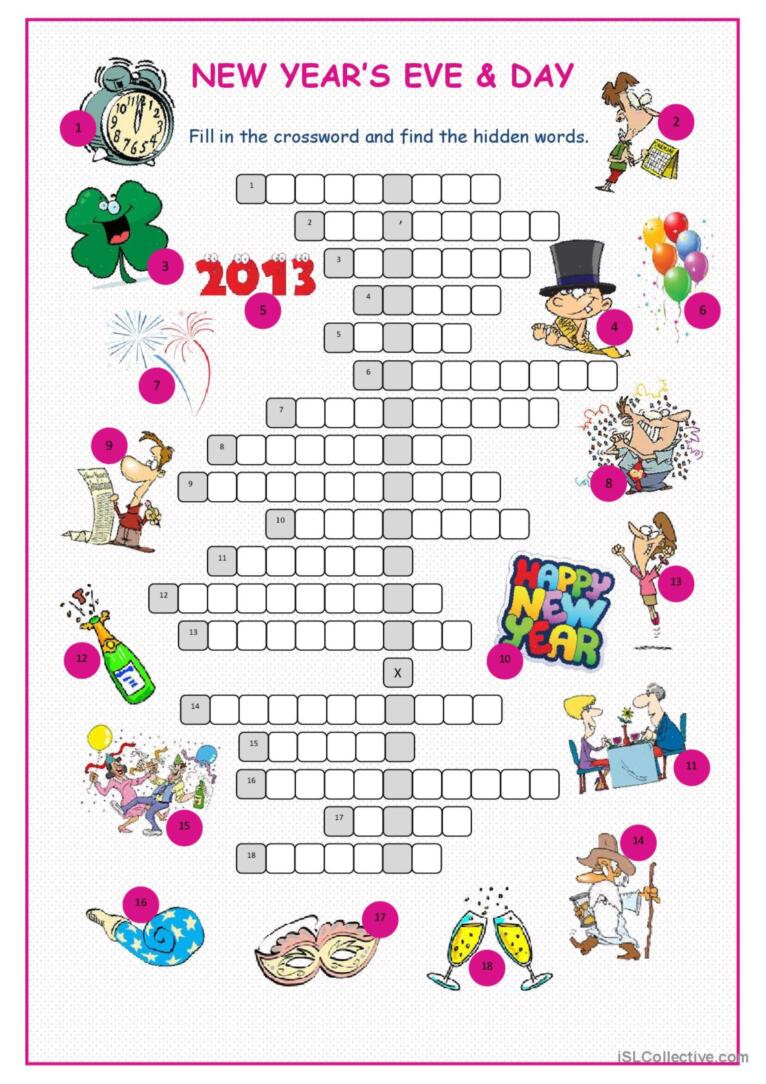 New Year&amp;#039;S Eve &amp;amp;Day Crossword Puzzl…: English Esl Worksheets Pdf &amp;amp; Doc in New Year Crossword Puzzle Printable