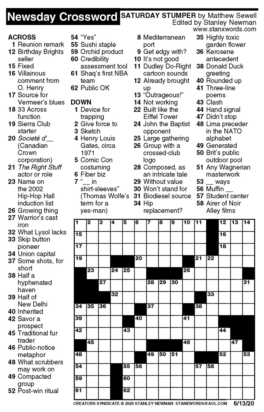 Newsday Crossword Puzzle For Jun 13, 2020,Stanley Newman within Stanley Newman Crossword Printable
