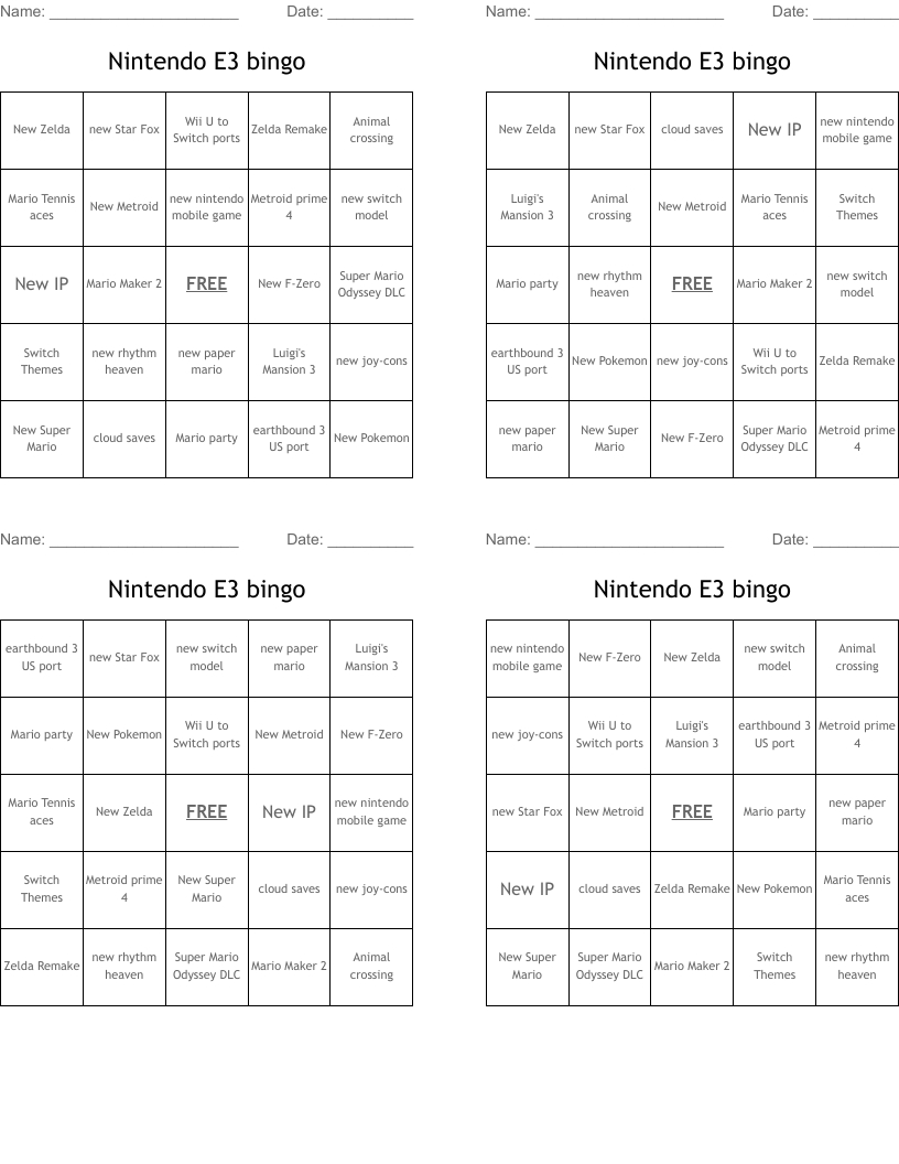 Nintendo E3 Bingo - Wordmint for E3 Bingo Card Maker