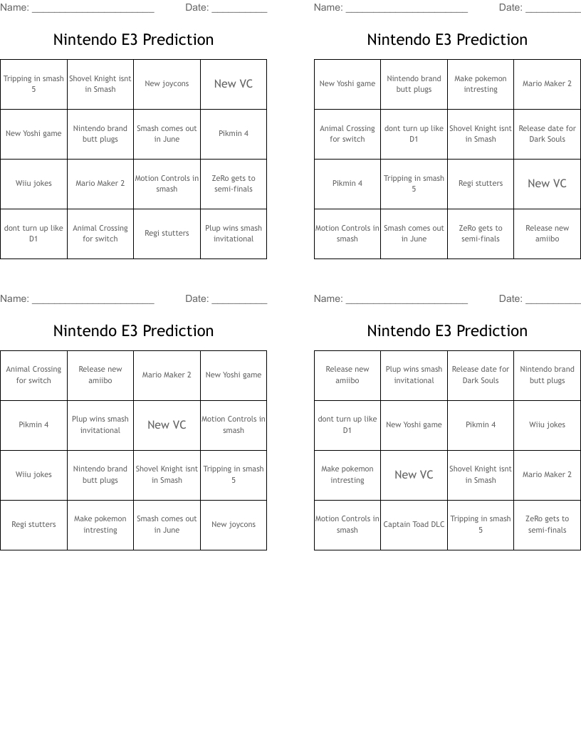 Nintendo E3 Prediction Bingo Cards - Wordmint for E3 Bingo Card Maker