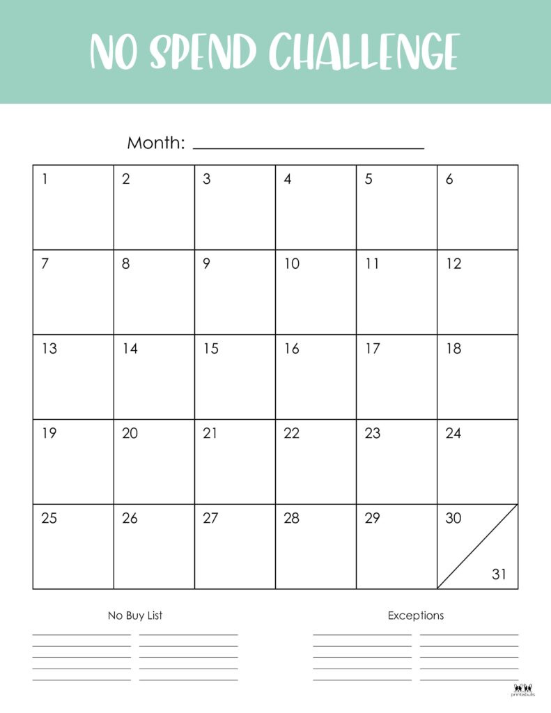 No Spend Challenge Printables | Printabulls inside No Spend Month Printable