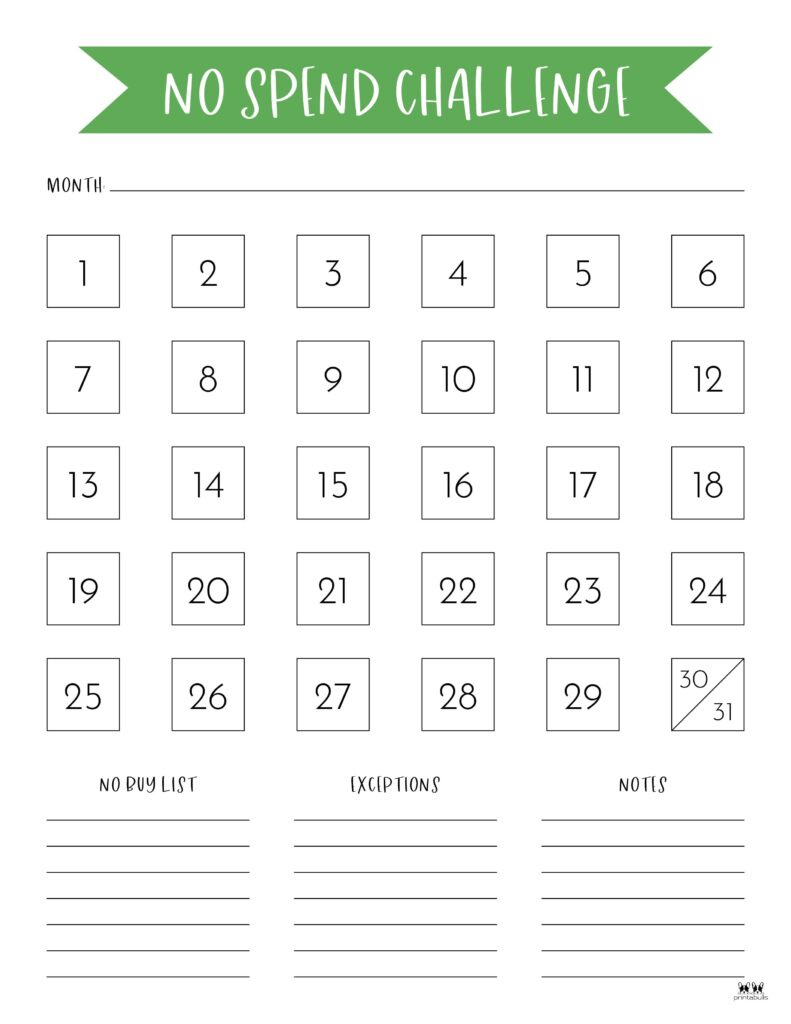 No Spend Challenge Printables | Printabulls inside No Spend Month Tracker Printable