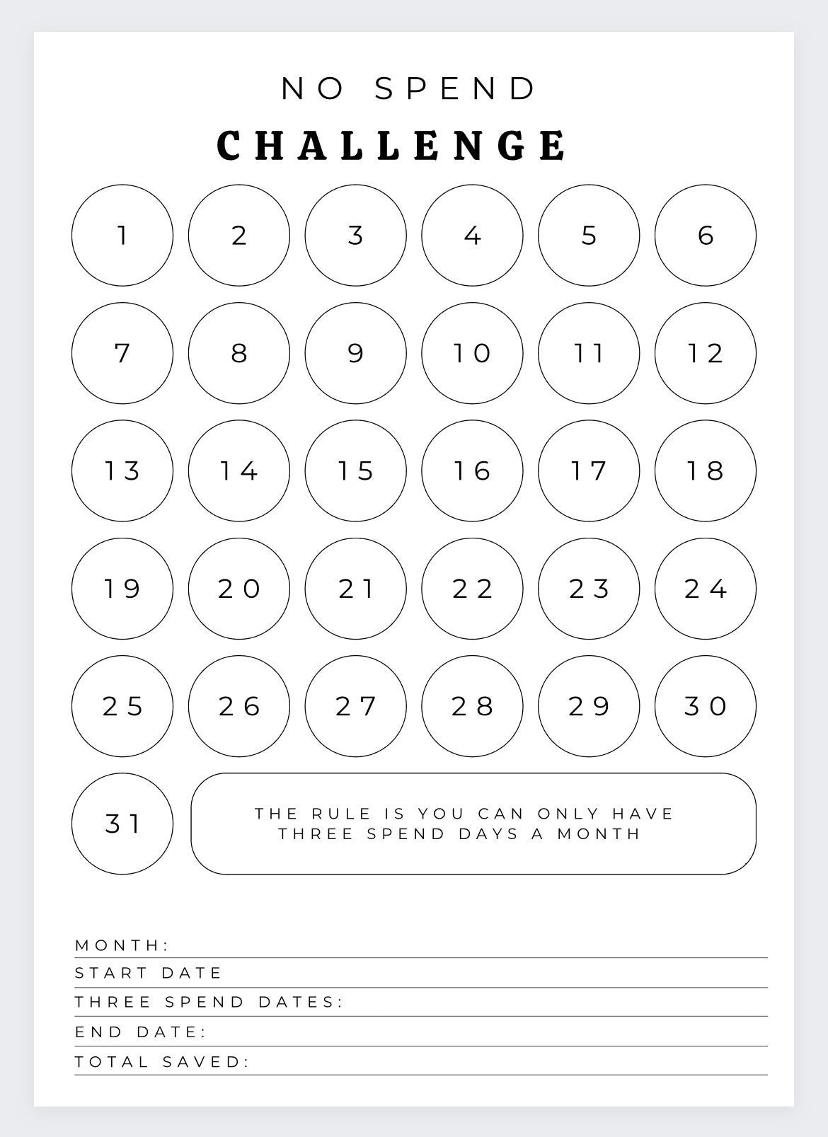 No Spend Month Challenge, Ausgaben, No Spend Tracker, Savings regarding No Spend Month Printable
