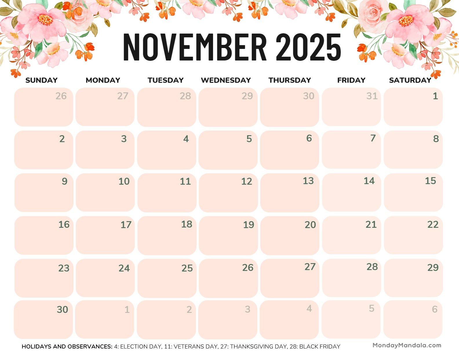 November 2025 Calendar (52 Free Pdf Printables) inside Free Printable Nov 2025 Calendar