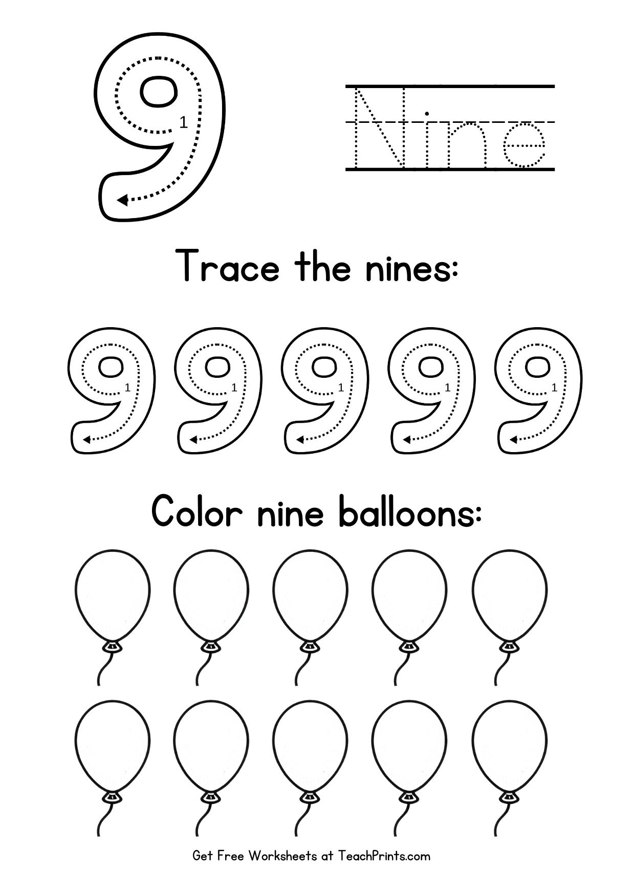 Number 9 Tracing Worksheets - Free Printables - Teach Prints for Number Nine Worksheet Printable