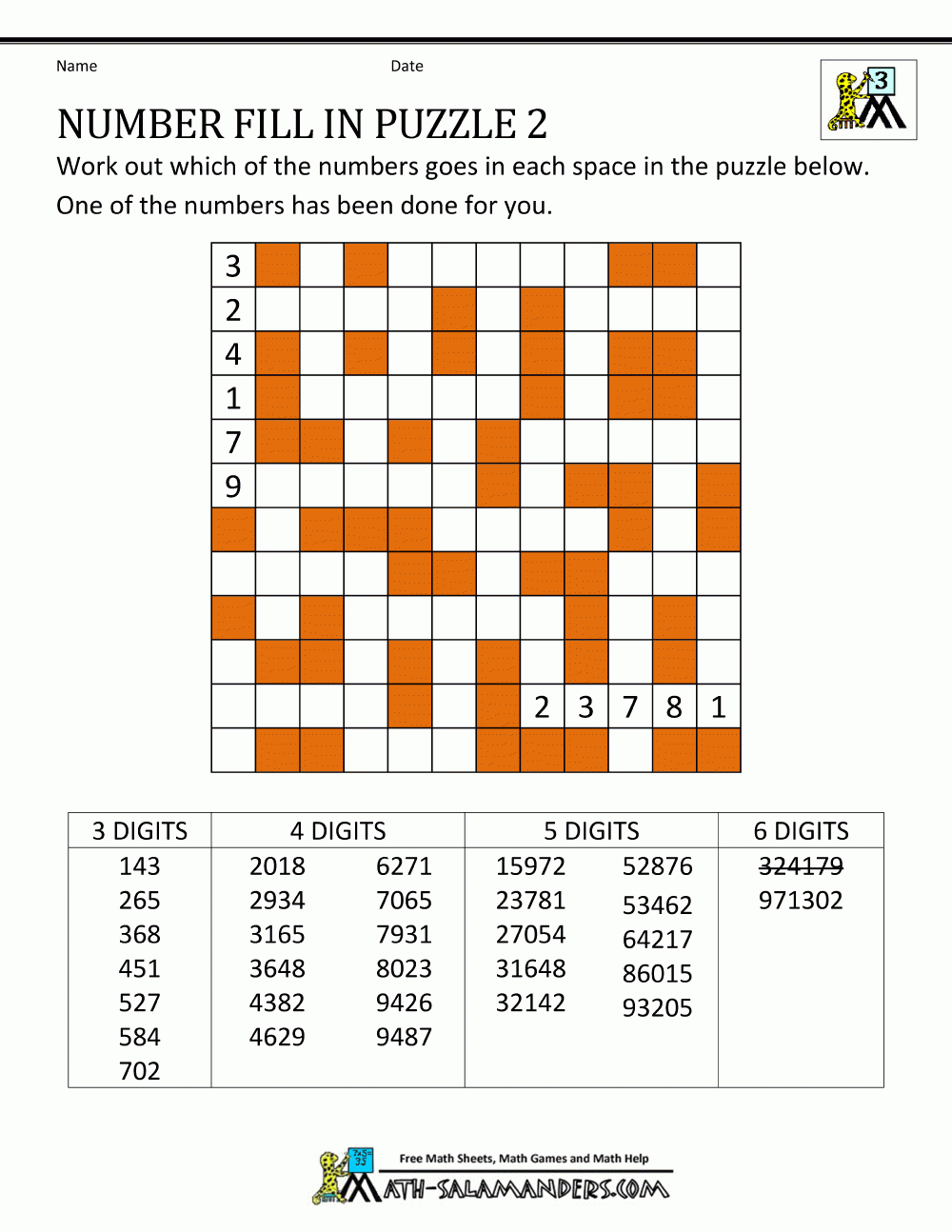 Number Fill In Puzzles for Number Fill In Puzzles Free Printable