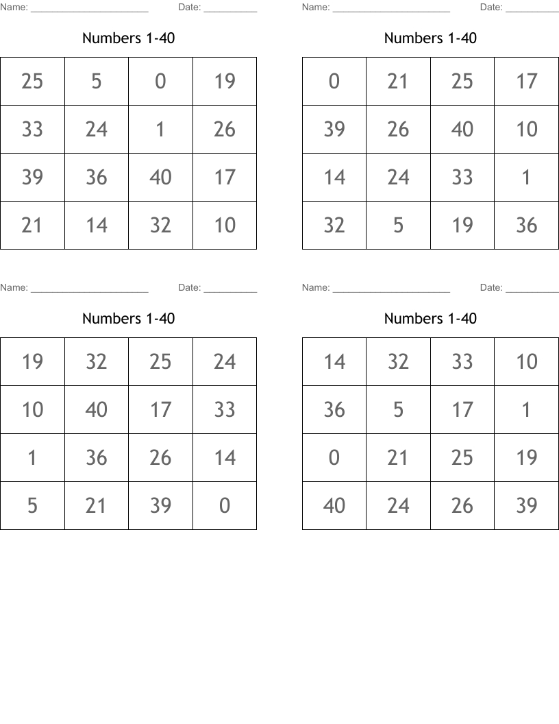 Numbers 1-40 Bingo Cards - Wordmint for Number Cards 1-40 Printable