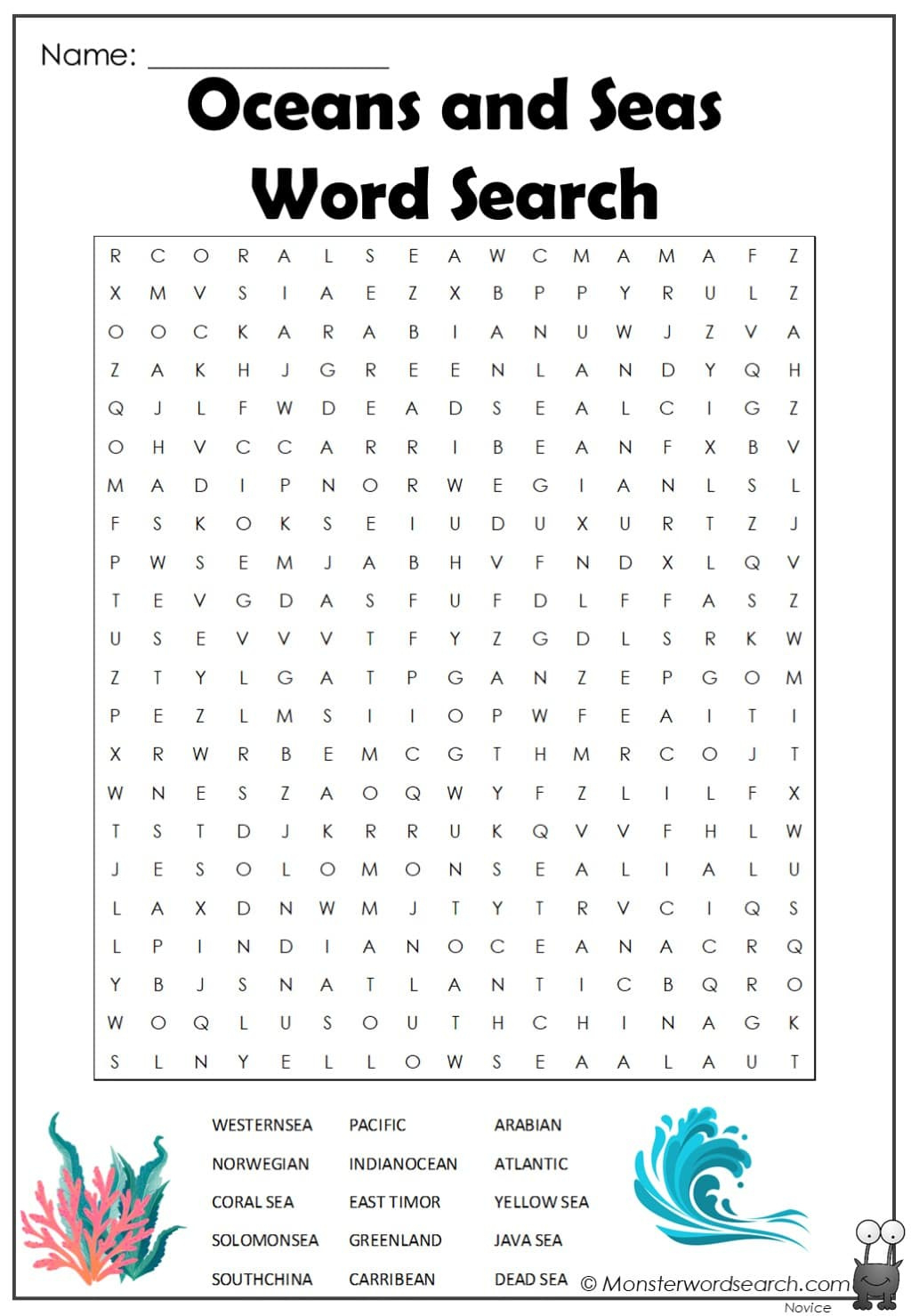 Oceans And Seas Word Search - Monster Word Search with regard to Ocean Word Search Printable