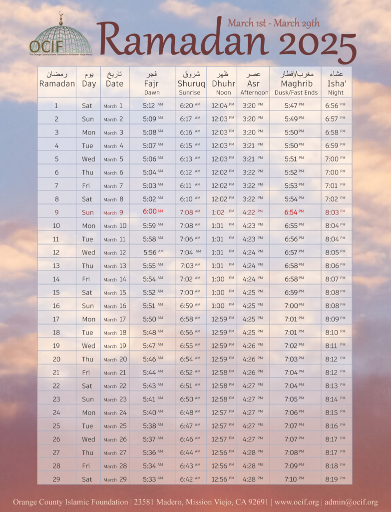 Orange County Islamic Foundation – Ocif with regard to Printable Calendar Ramadan 2025 Los Angeles