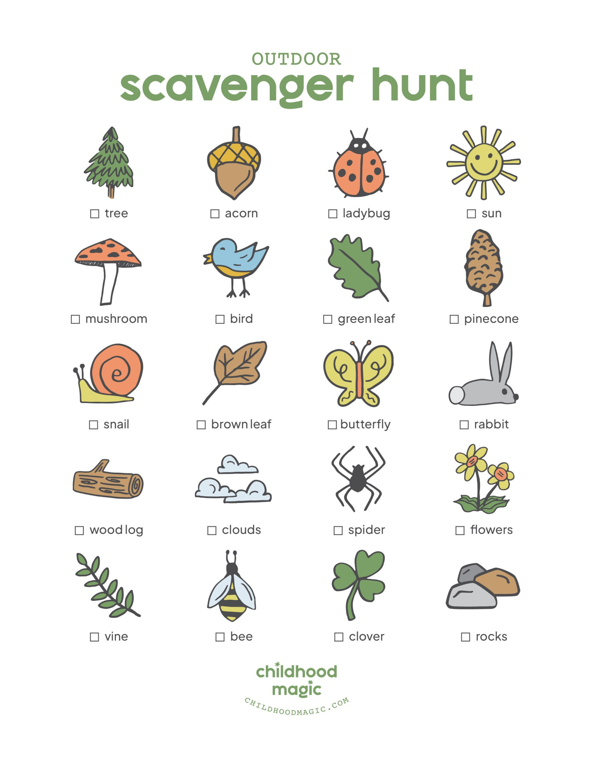 Outdoor Scavenger Hunt (Free Printable!) - Childhood Magic with Forest Scavenger Hunt Printable Free