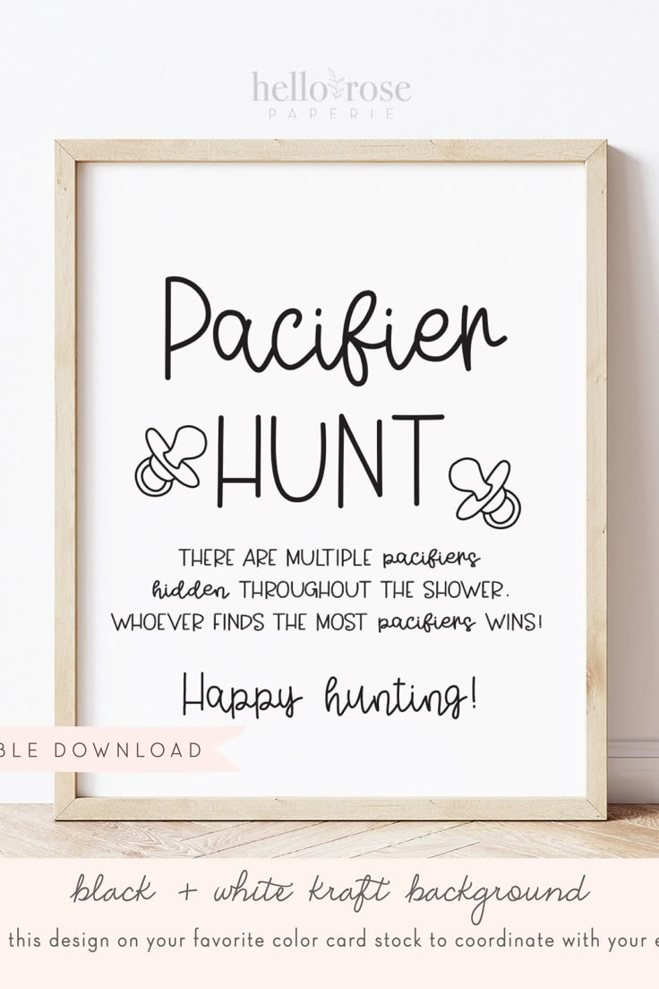 Pacifier Hunt Baby Shower Game Sign . Boy Girl Neutral . Kraft with Pacifier Hunt Free Printable