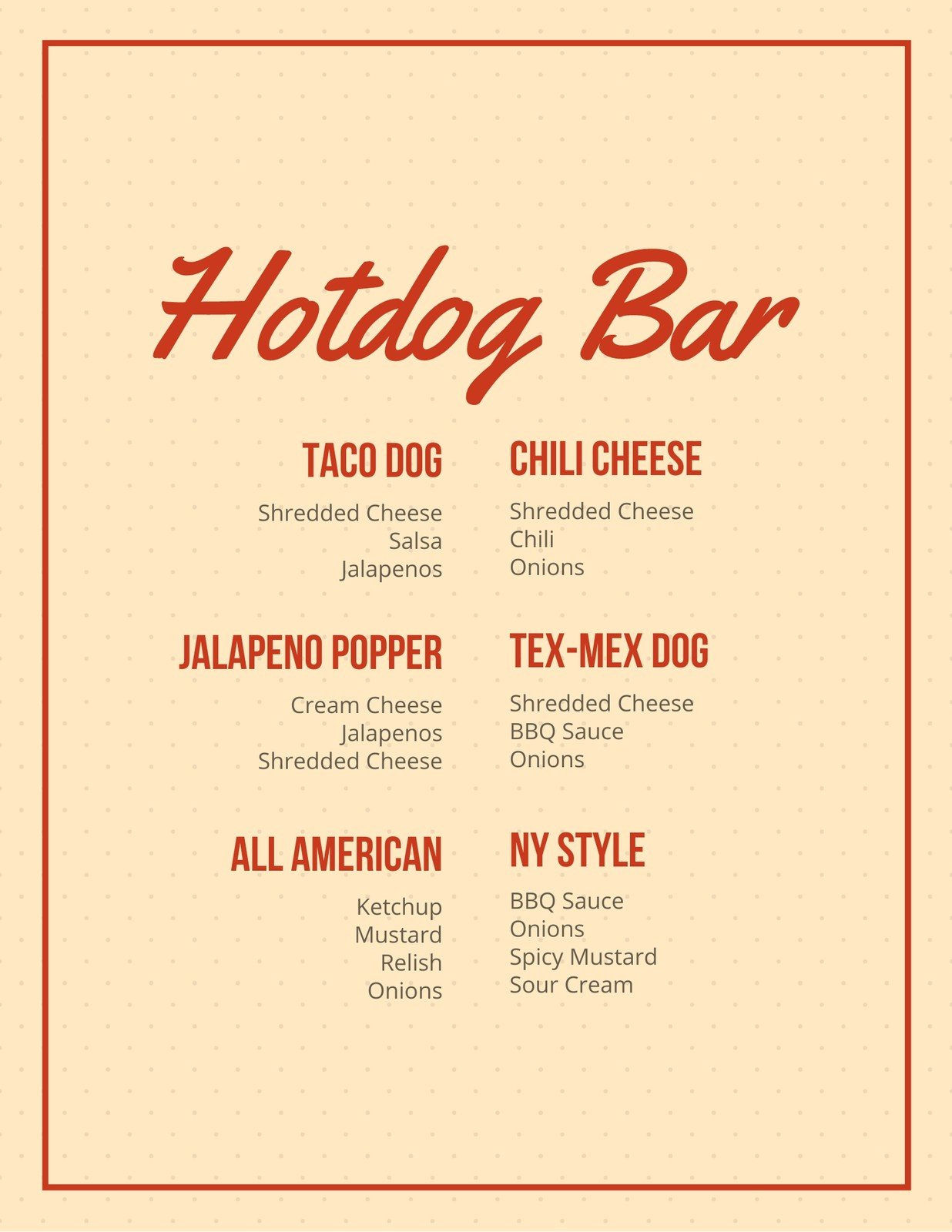 Page 3 - Free Printable And Customizable Bar Menu Templates | Canva in Free Printable Hot Dog Bar Menu Printables