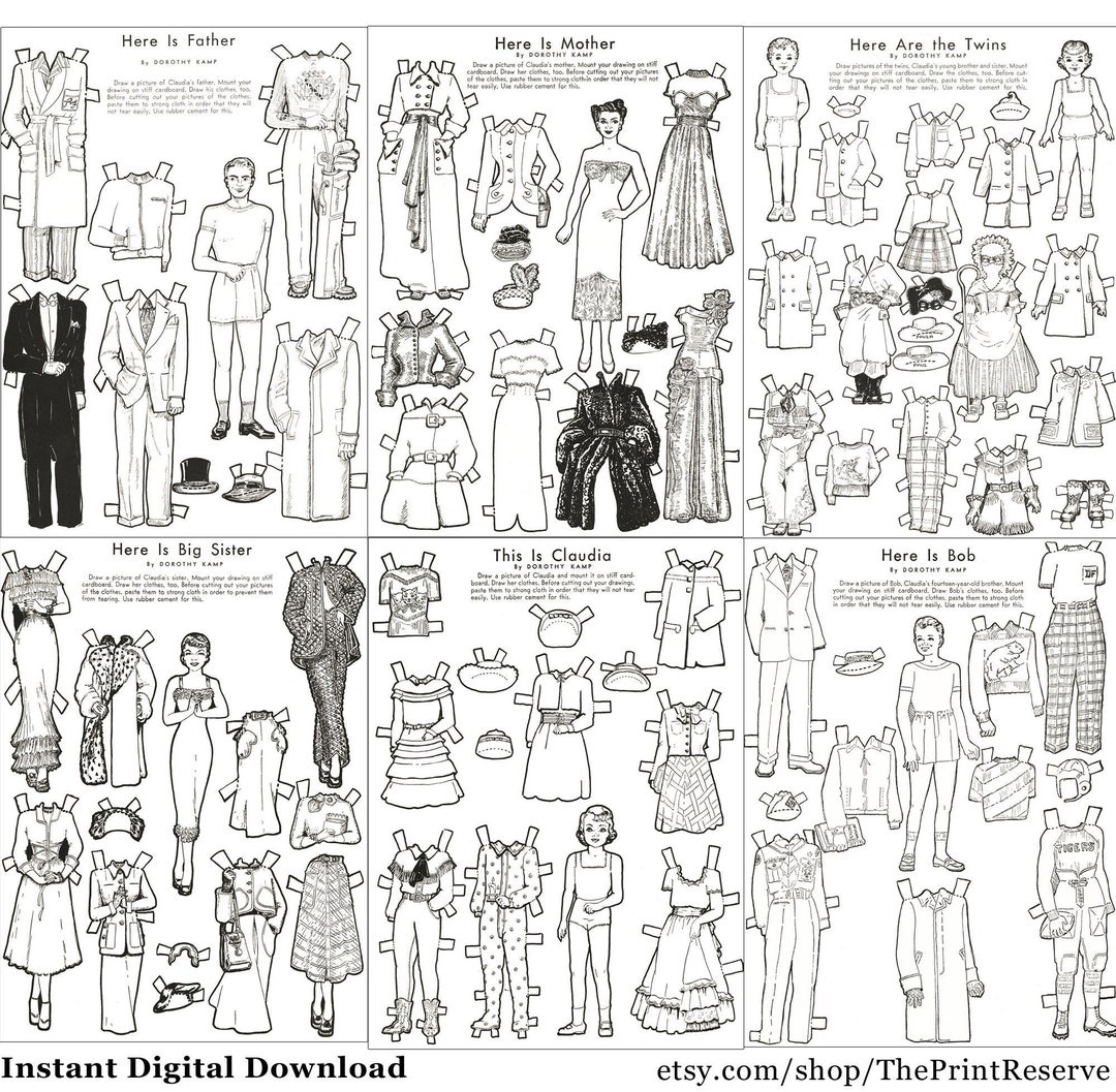 Paper Doll Family Coloring Pages Printable Instant Digital Download - Etsy.de in Printable Black and White Paper Dolls