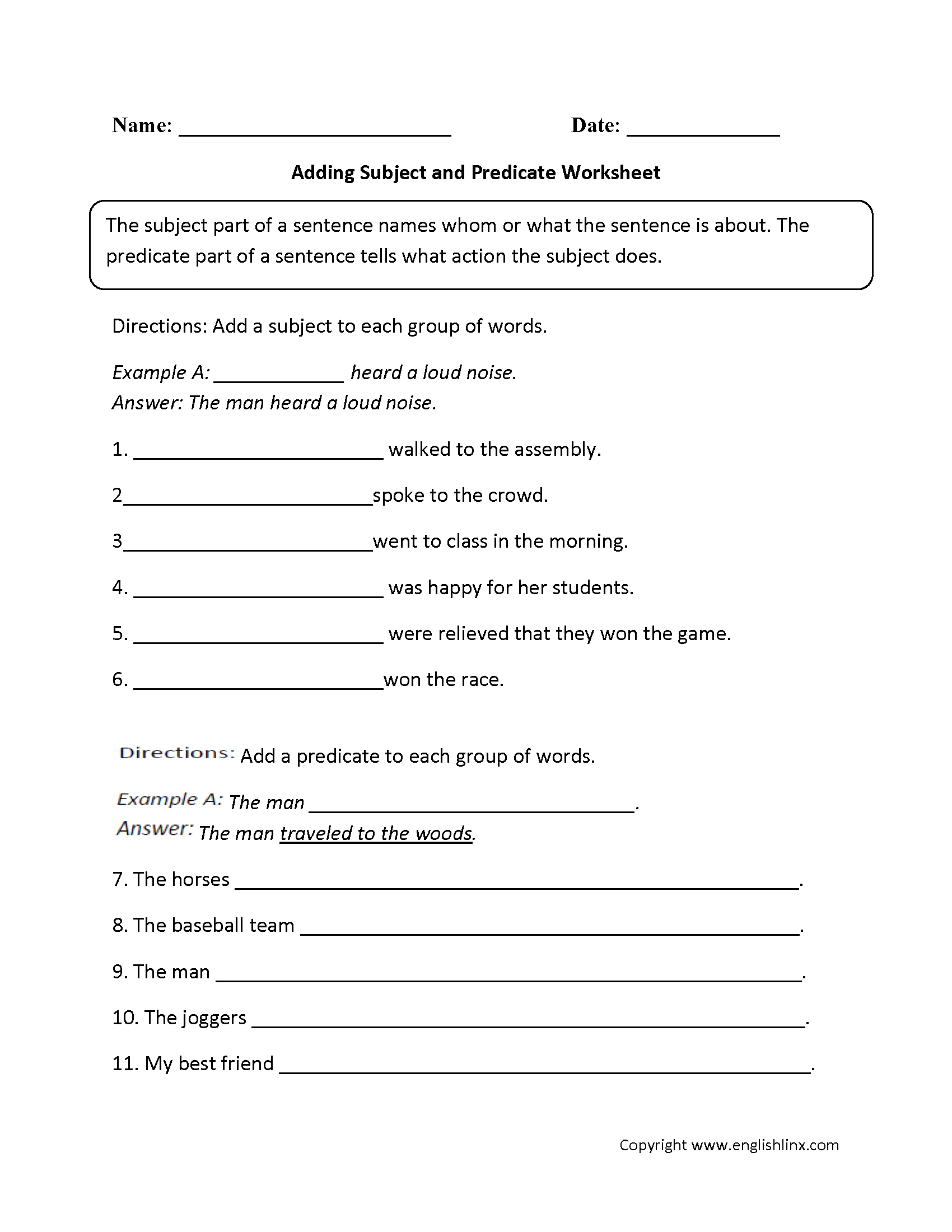 Parts Of A Sentence Worksheets | Subject And Predicate Worksheets intended for Printable Grammar Worksheets For Grade 7