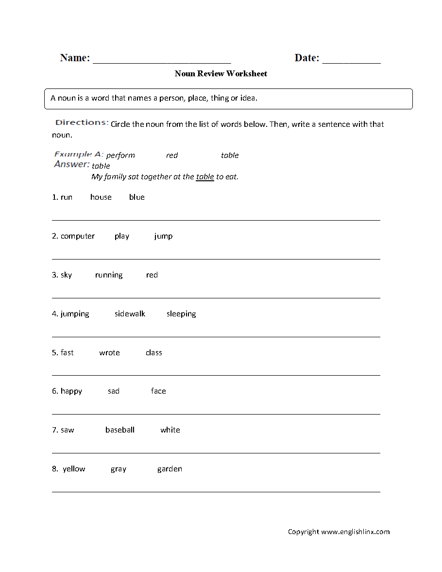 Parts Speech Worksheets | Noun Worksheets within Printable Grammar Worksheets For 7Th Grade