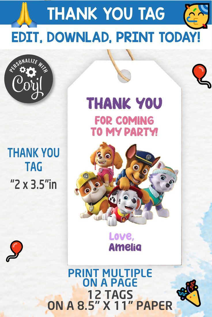 Paw Patrol Thank You Tags, Thank You Gift ,Paw Patrol Party, Paw in Free Printable Paw Patrol Thank You Tags