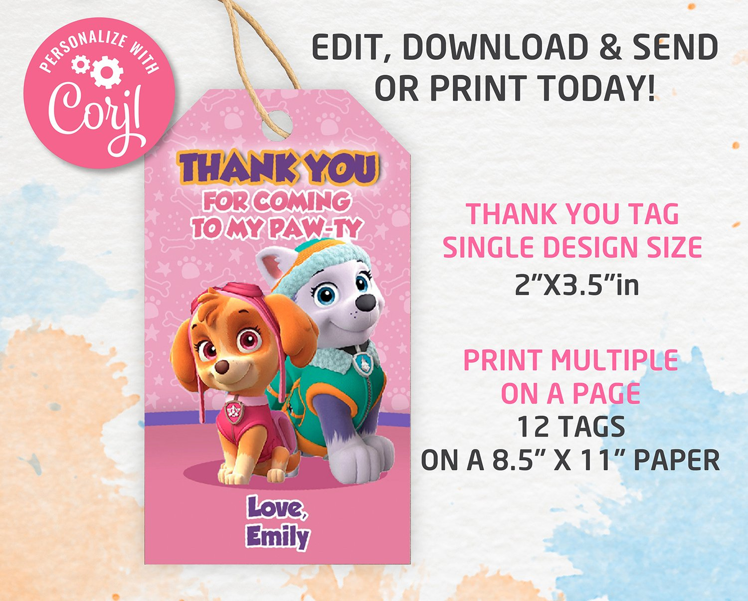 Paw Patrol Thank You Tags, Thank You Gifts Template, Editable throughout Free Printable Paw Patrol Thank You Tags