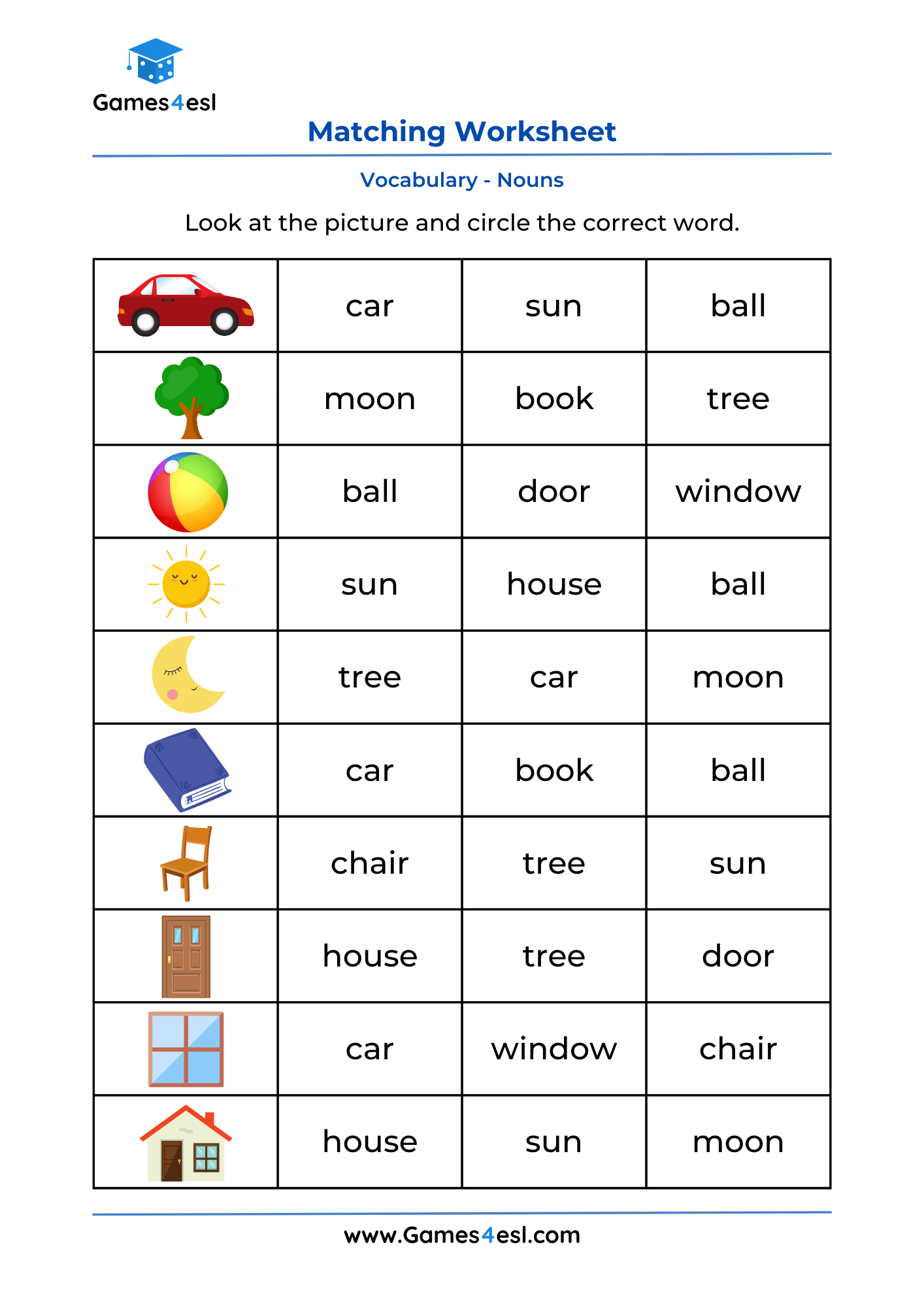 Picture Word Matching Worksheets | Games4Esl for Vocabulary Printable Worksheets For Grade 1