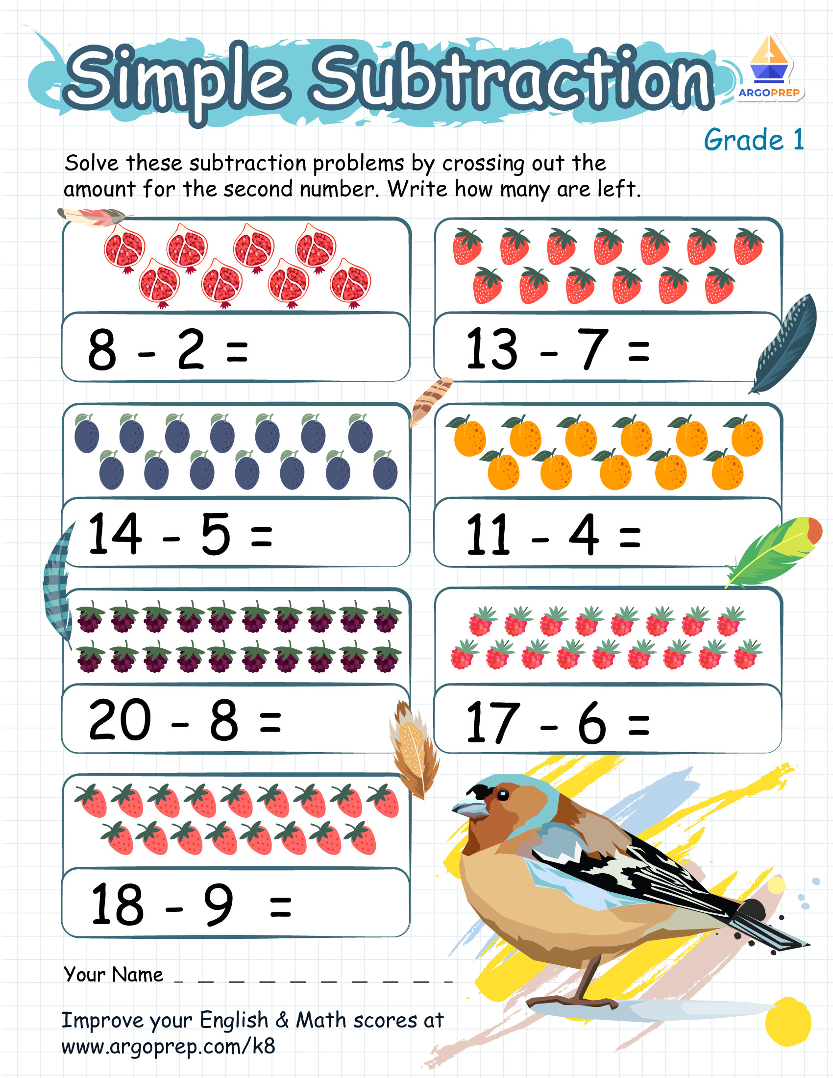 Pictures Objects 0-20: Subtraction 1St Grade Worksheets - Argoprep within Column Subtraction With Birds Worksheet