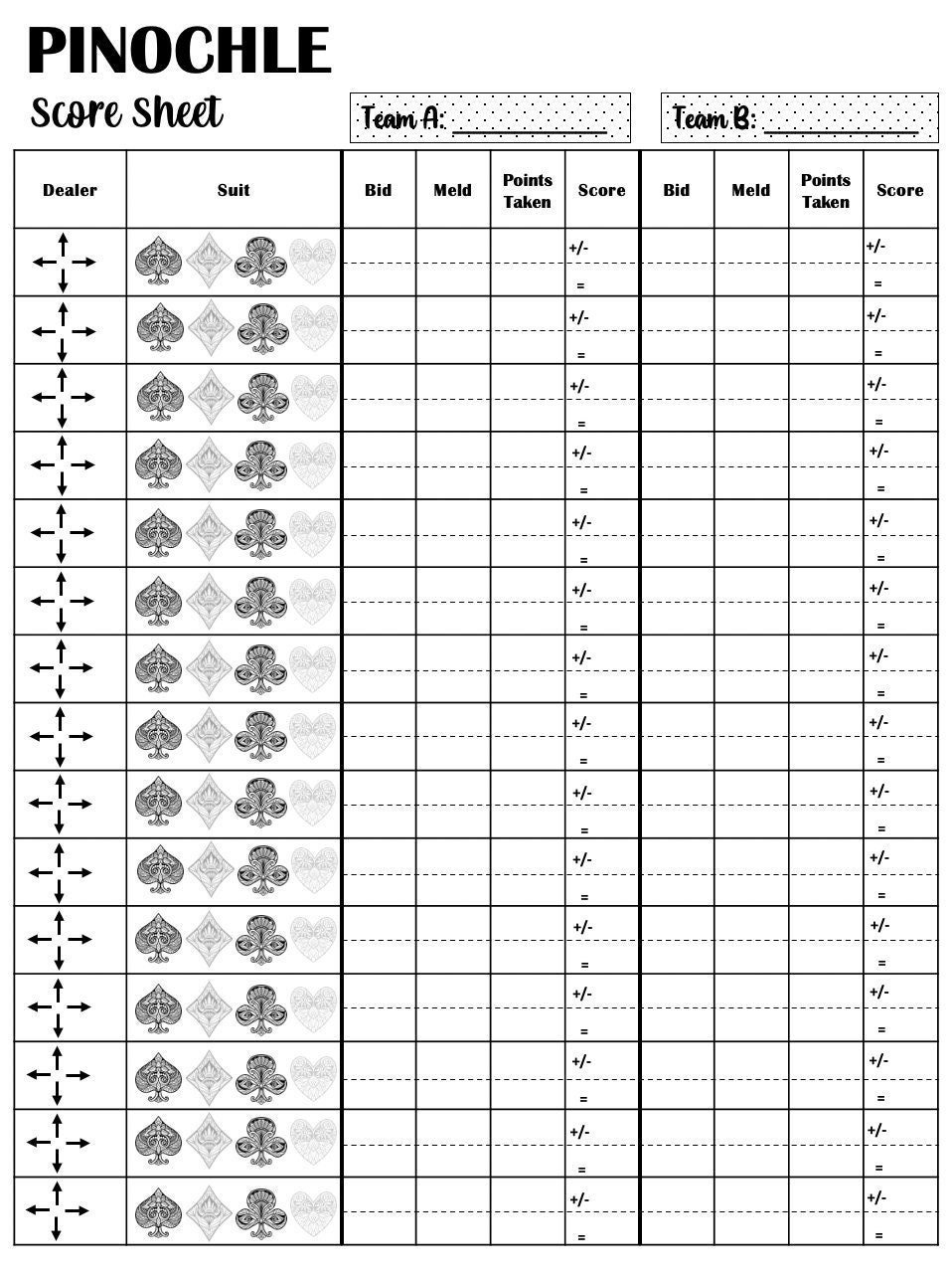 Pinochle Score Card - Pinochle Scoresheet - Pinochle Score Pads in Free Printable Pinochle Score Sheet