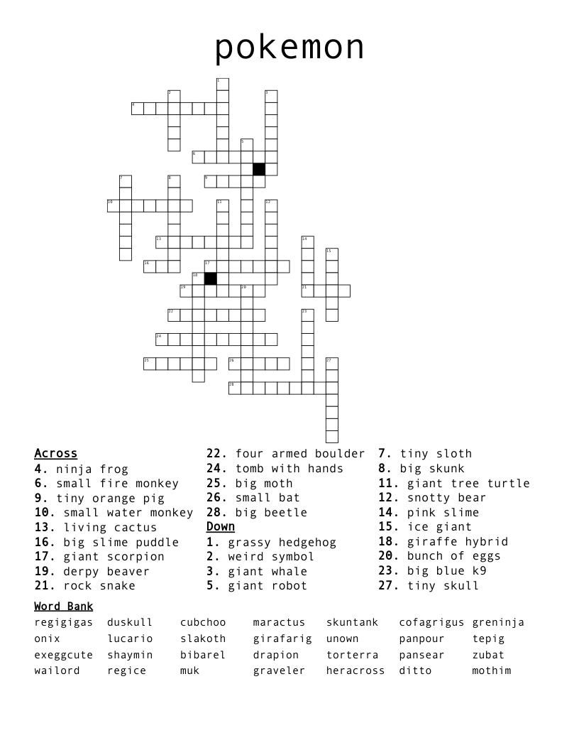 Pokemon Crossword - Wordmint inside Pokemon Crossword Printable