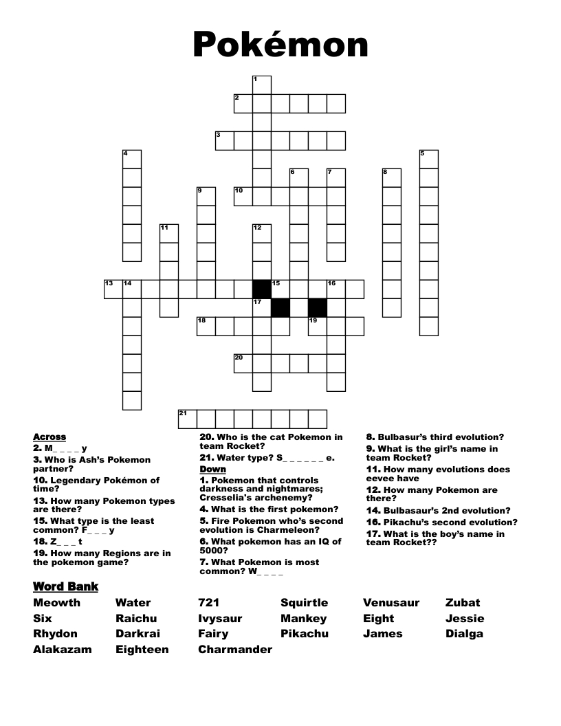 Pokémon Crossword - Wordmint throughout Pokemon Crossword Printable