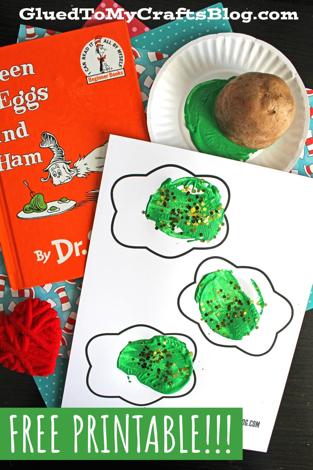 Potato Stamped Green Eggs Craft Idea with Free Printable Green Eggs and Ham Craft Template