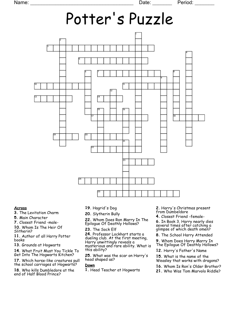 Potter&amp;#039;S Puzzle Crossword - Wordmint with regard to Harry Potter Crossword Printable