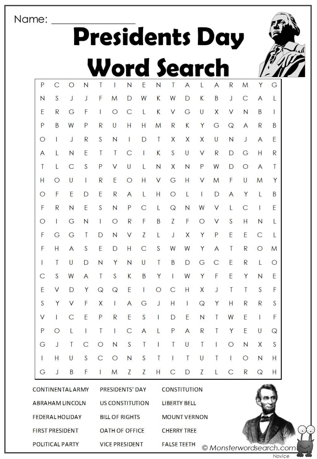 Presidents Day Word Search - Monster Word Search in Presidents Day Word Search Free Printables
