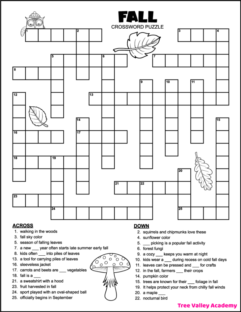 Printable 4Th Grade Fall Crossword Puzzle - Tree Valley Academy for Crossword with Word Bank Printable