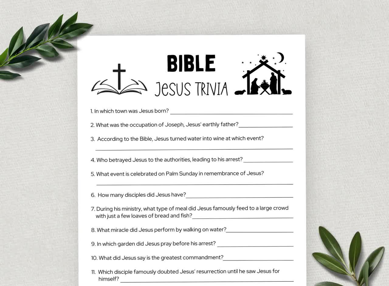 Printable Bible Trivia, Jesus Trivia Questions, Bible Games, Fun Christian Youth Group Game, Sunday School, Church Study Activity in Printable Bible Trivia Games