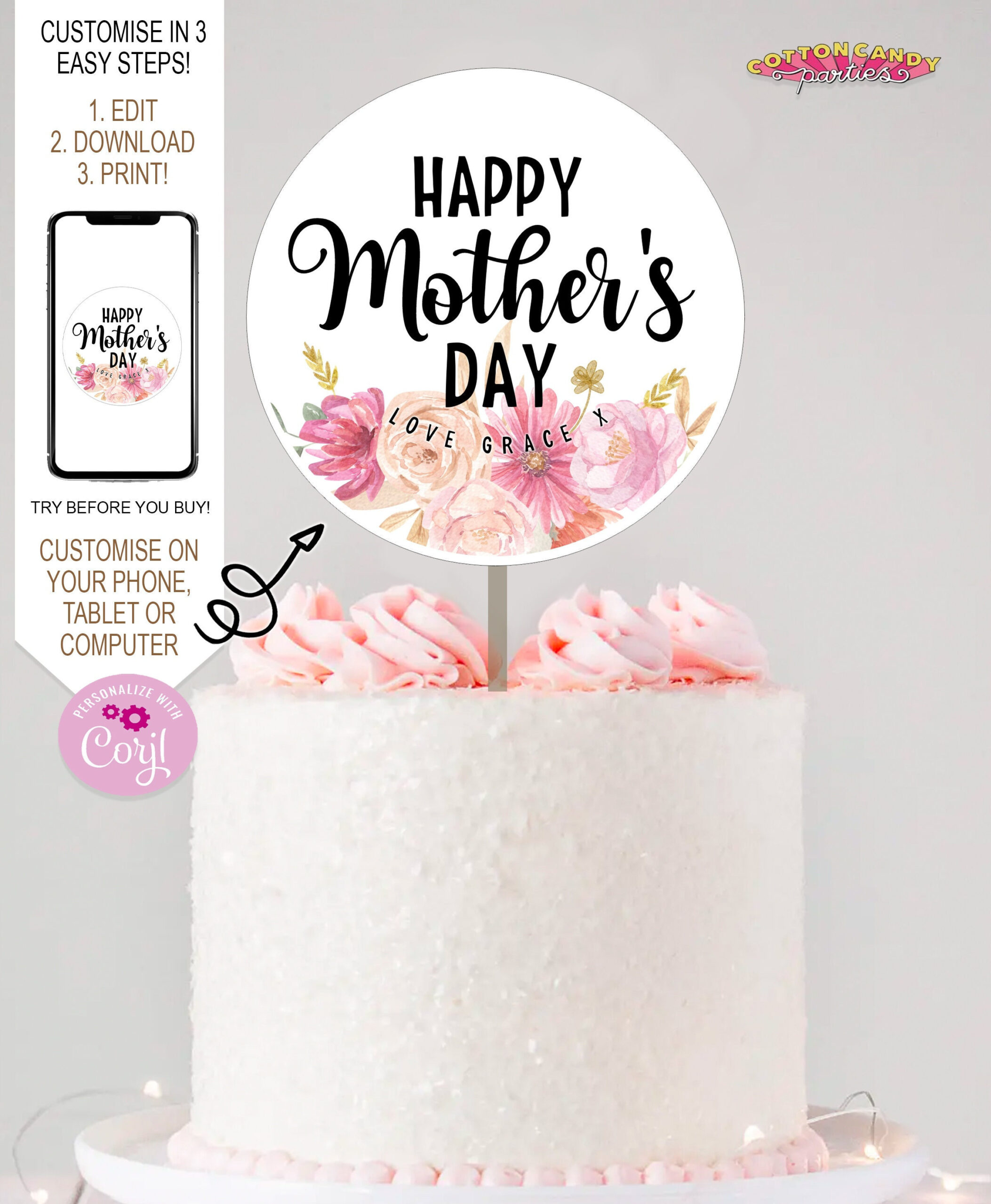 Printable Cake Topper- 4&amp;quot; X 4&amp;quot; Happy Mother&amp;#039;S Day Pink Flowers with regard to Happy Mothers Day Cake Topper Printable