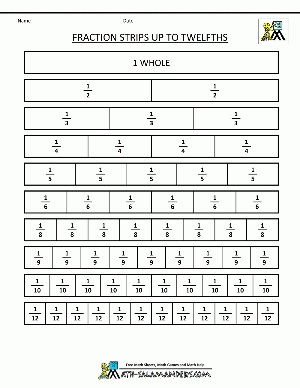 Printable Fraction Strips inside Fraction Strips Free Printable