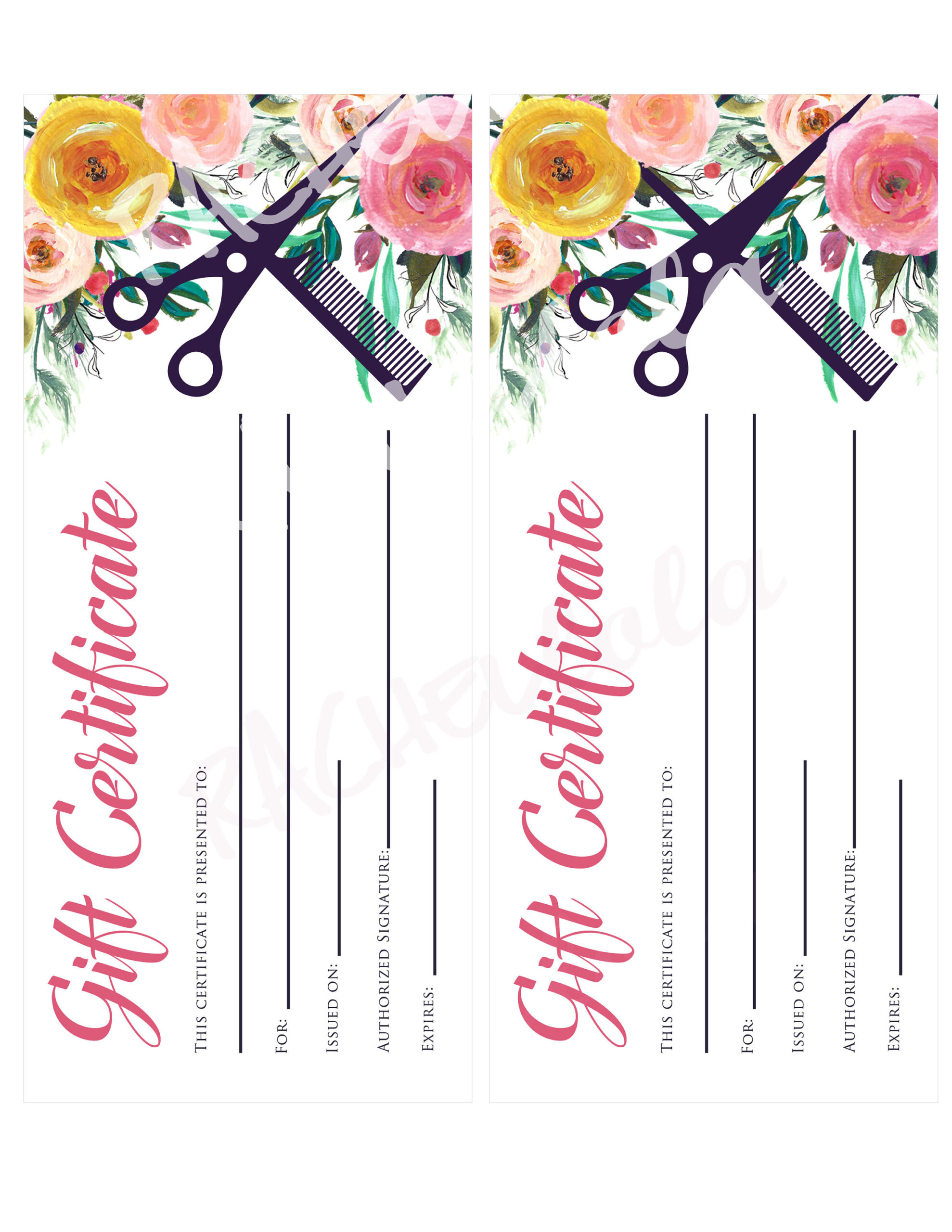 Printable Hair Salon Gift Certificate Template, Hair Stylist for Free Printable Hair Salon Gift Certificate Template