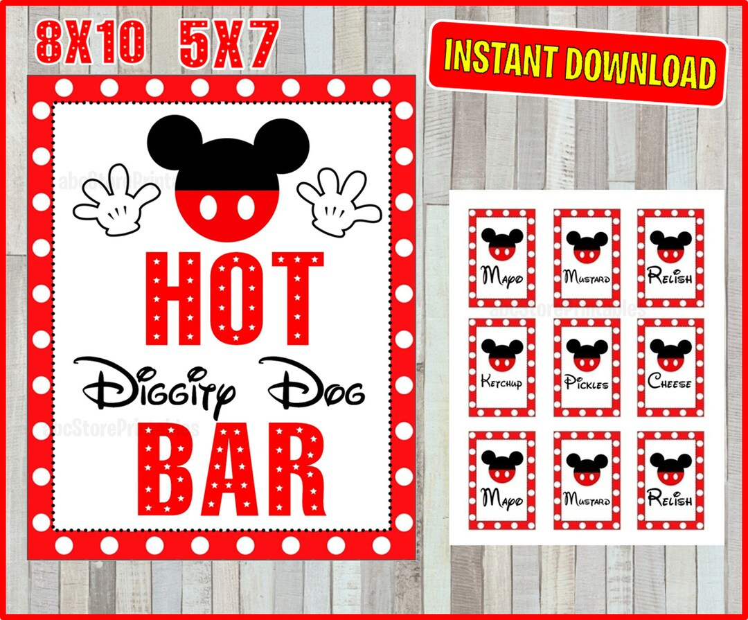 Printable Mickey Mouse Hot Diggity Dog Bar Sign And Condiment intended for Hot Diggity Dog Bar Sign Free Printable