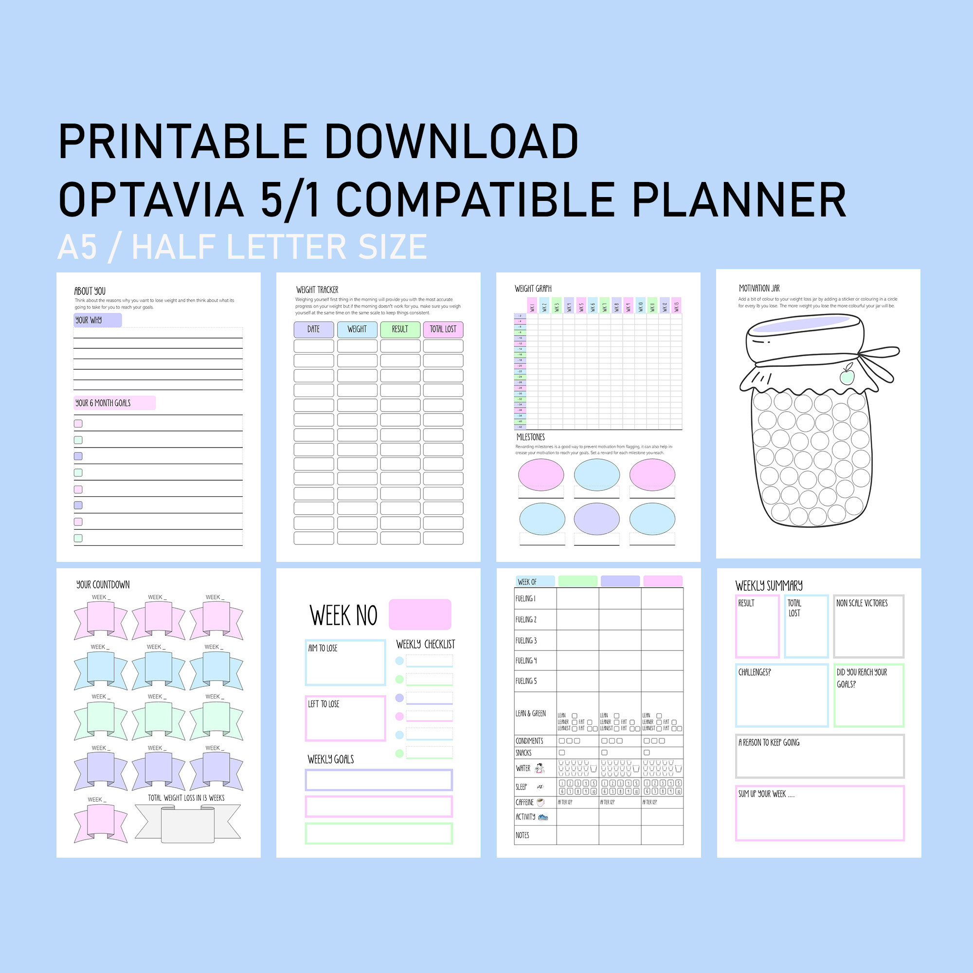 Printable Optavia 5-1 Food Diary / Weight Loss Journal / Digital throughout Printable Optavia Tracking Sheets Free