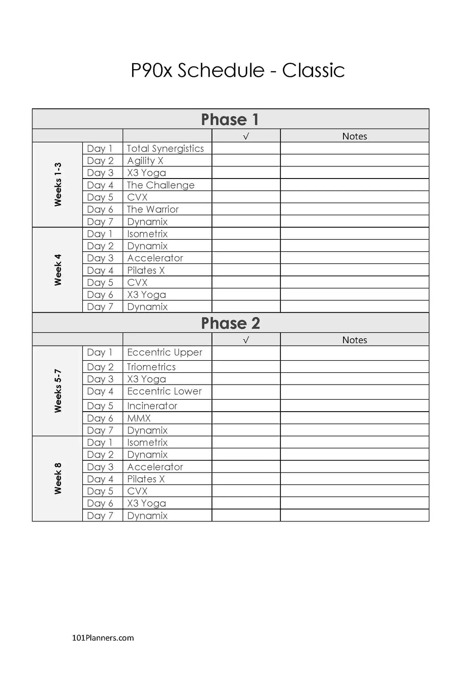 Printable P90X Schedule For The Classic, Lean And Doubles throughout Free Printable P90X Workout Schedule