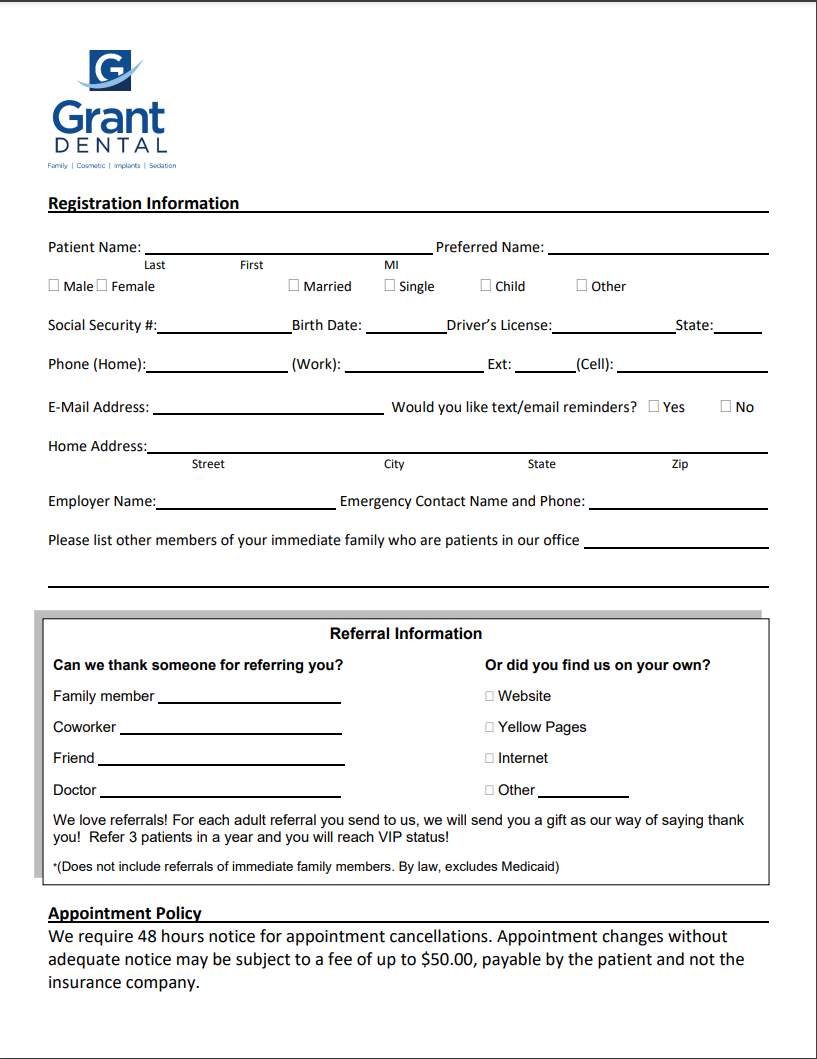 Printable Patient Forms | Grant Dental inside Free Printable New Patient Dental Forms