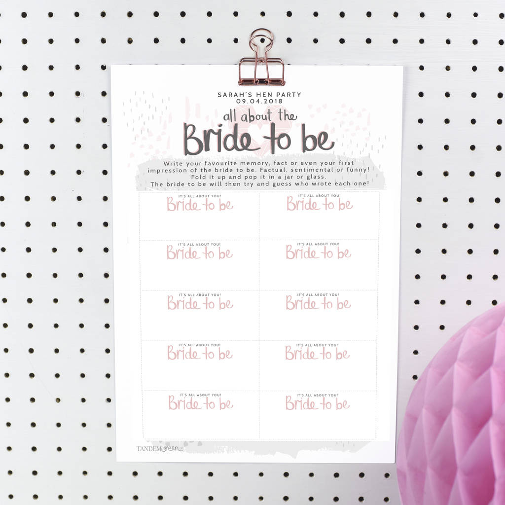 Printable Personalised Bride To Be Hen Party Game for Free Printable Hen Party Games Uk