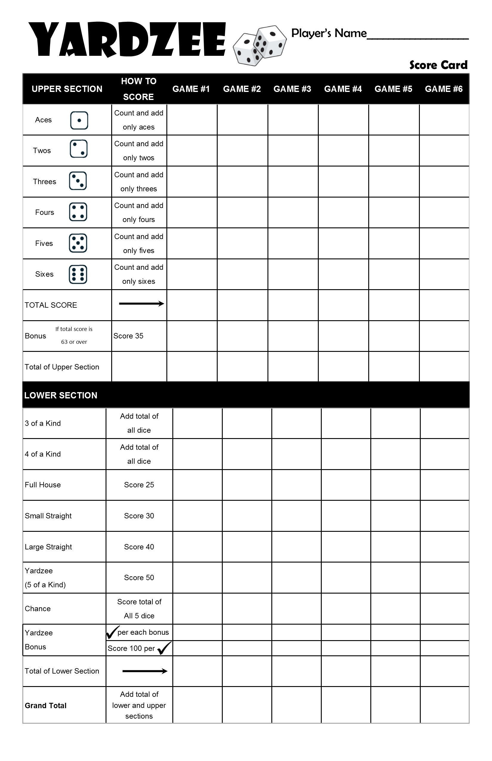 Printable Yardzee Yahtzee Laminated Score Sheet Scorecards With with regard to Yard Yahtzee Score Card Free Printable