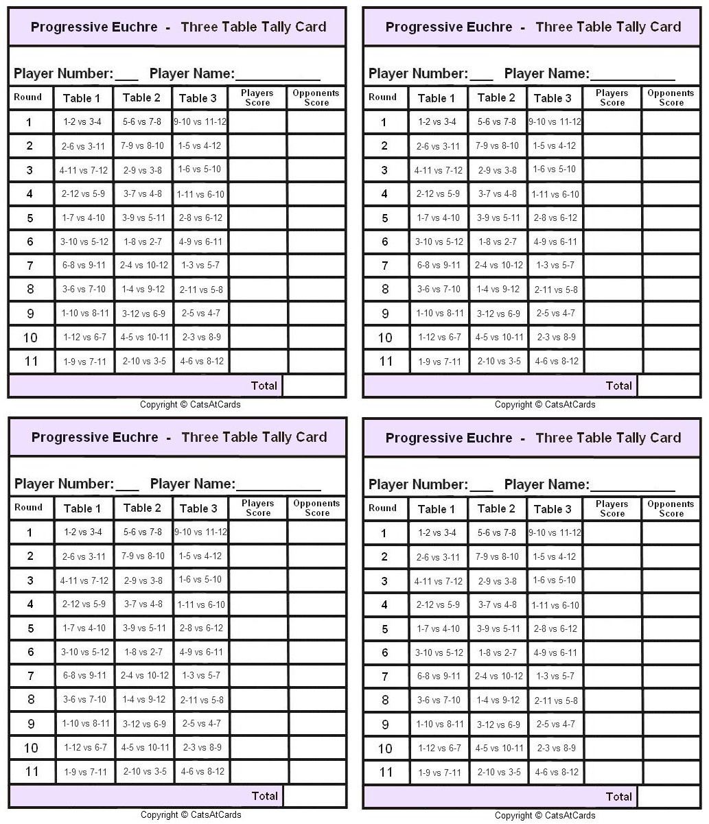 Progressive Euchre Three Table Tally Card - Print throughout Free Printable Euchre Score Cards