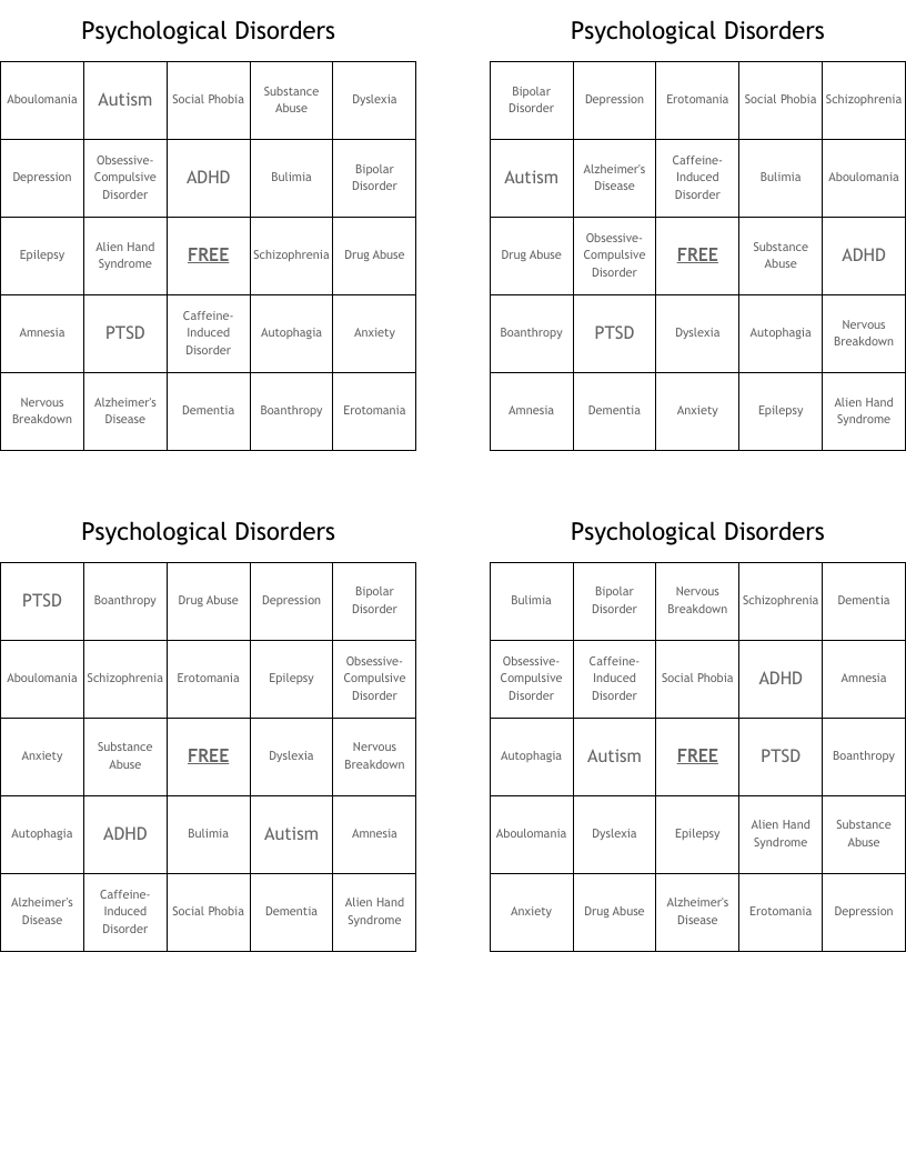 Psychological Disorders Bingo Cards - Wordmint inside Mental Illness Bingo Card
