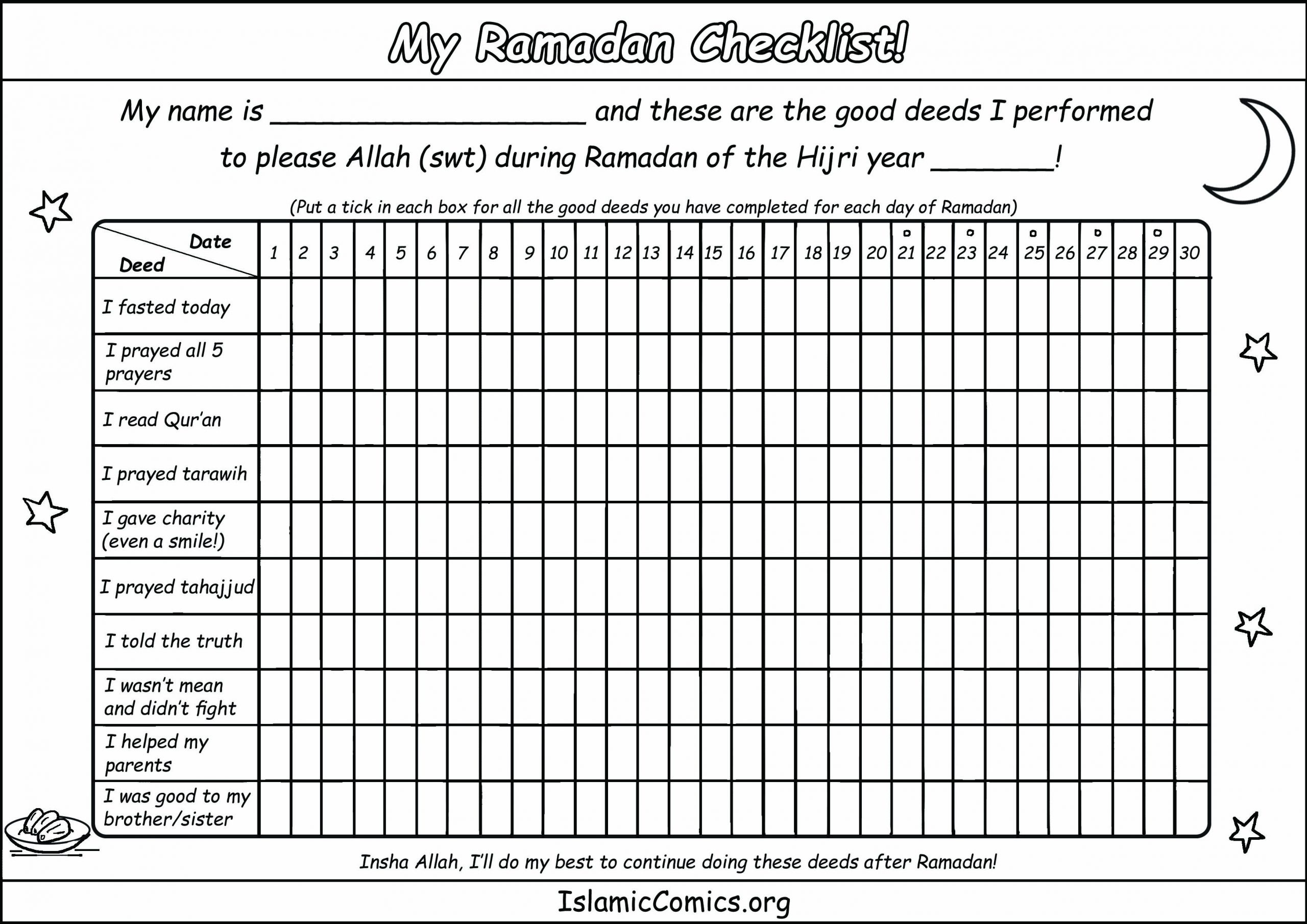 Ramadan Checklist For Children – Islamic Comics in Ramadan Checklist Printable