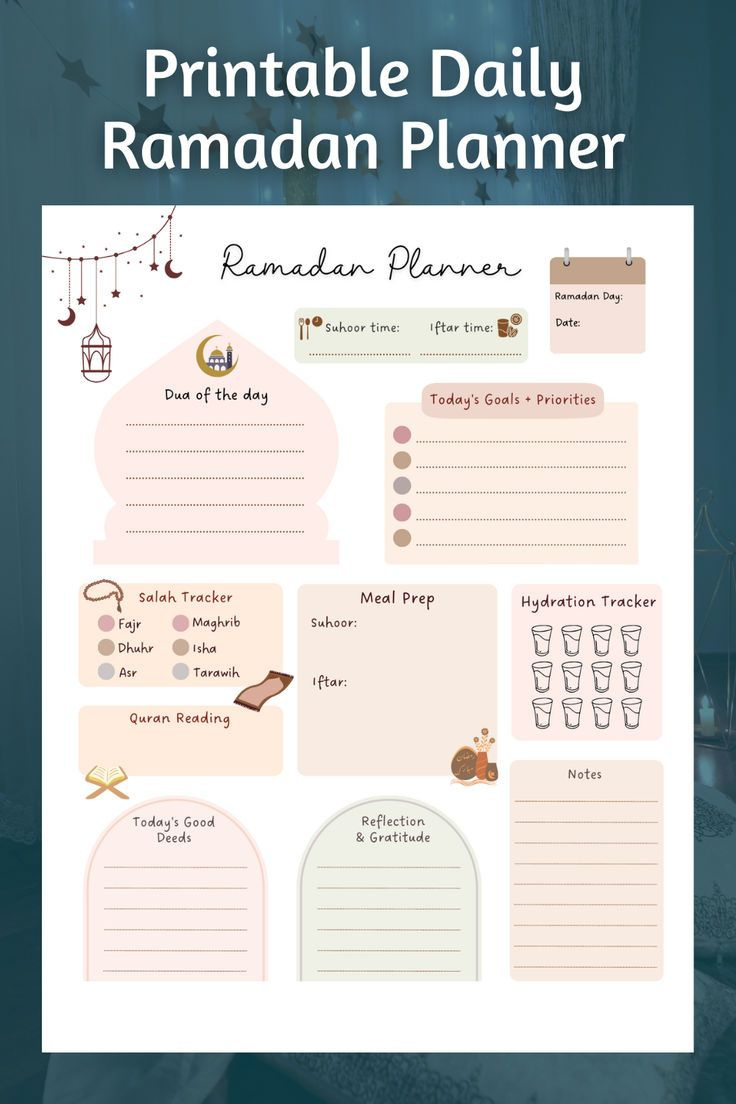 Ramadan Daily Planner Printable, Islamic Prayer Tracker, Meal for Free Printable Ramadan Planner