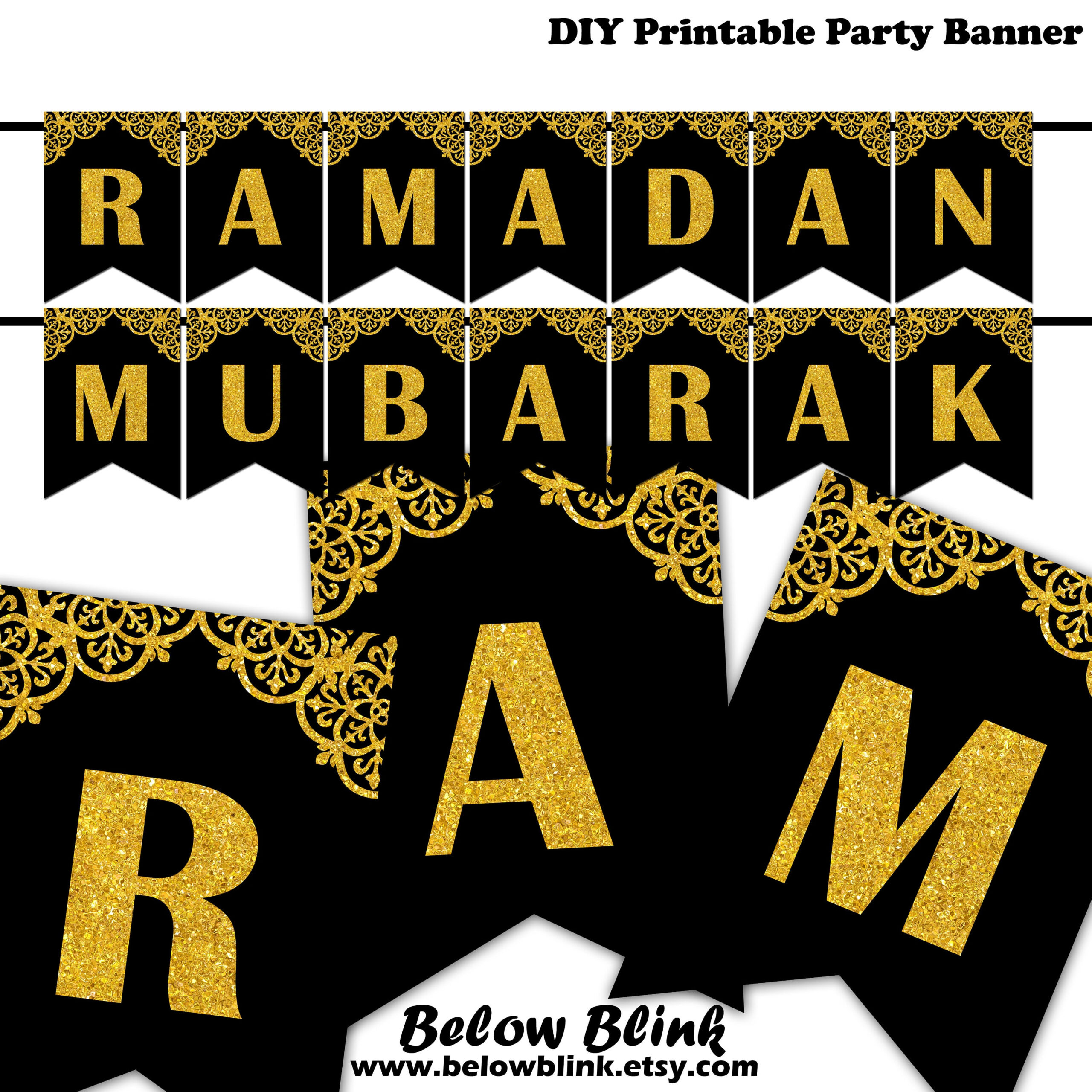 Ramadan Mubarak Banner Gold Schwarz Königliche Girlande Wimpelkette Islamische Dekorationen Printable Instant Download Dp980 within Printable Ramadan Banners