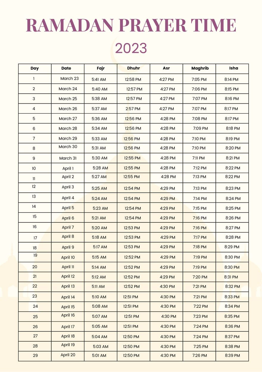 Ramadan Prayer Time Chart In Illustrator, Pdf - Download within Printable Ramadan Prayer Times