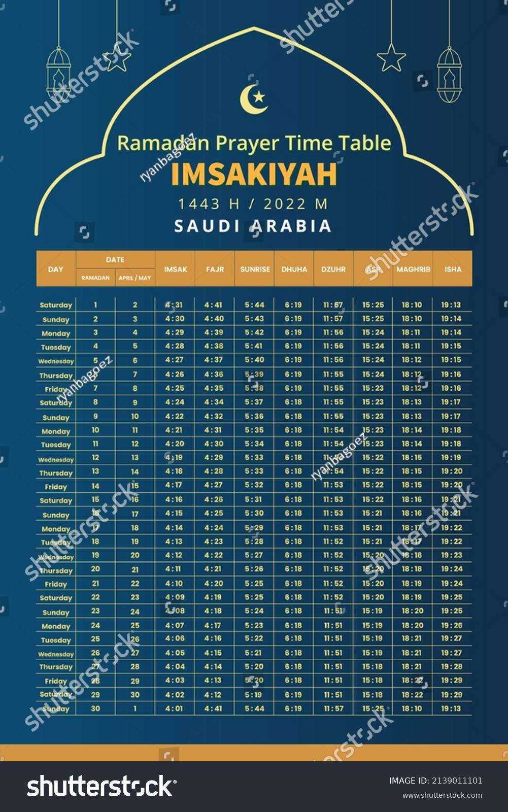 Ramadan Prayer Times 2022 Design Vorlage: Stock-Vektorgrafik for Printable Ramadan Prayer Times