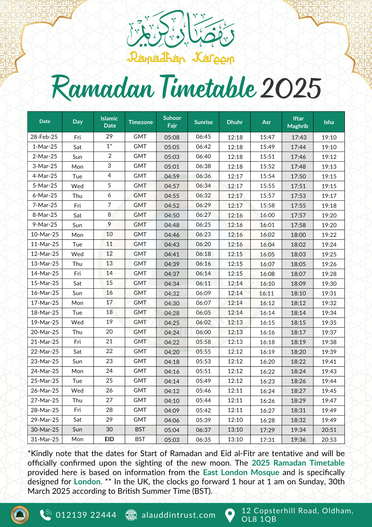 Ramadan Timetable 2025 | Download Uk Ramadan Calendar | Ast with Printable Ramadan Timetable 2025