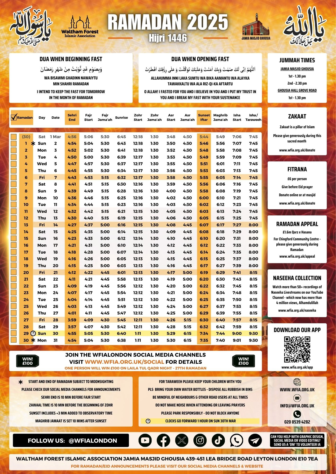 Ramadan Timetable 2025 | Hijri 1446 – Wfia | Lea Bridge Road Mosque | throughout Printable Ramadan Timetable 2025